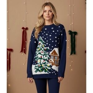 NEW Christmas Winter XL Cabin Scene Knit Sweater Navy Blue Holiday Core
